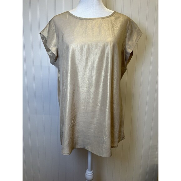Chicos Gold Shimmer Drita Sand Keyhole Button Back Womens Top SZ‎ 1. Holiday Top - Picture 8 of 8